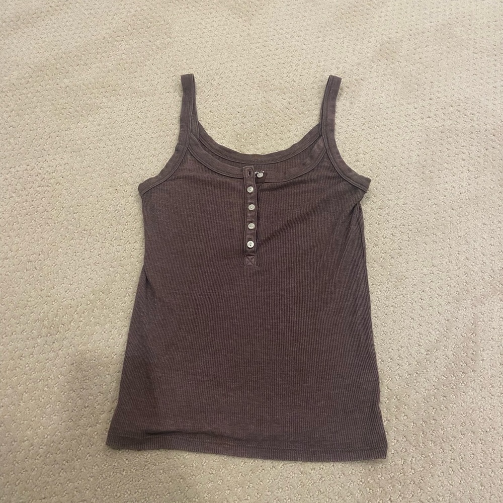 AERIE PURPLE/BROWN RIBBED BUTTON UP TANK TOP